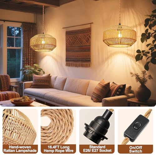 Maliralt Hanging Lamps Rattan Pendant Light Hanging Lights 16.4ft Plug in Cord Pendant Light Fixture Plug Into Wall Outlet Pendant Lighting with On Off Switch for Bedroom Living (Pumpkin Shade) - size: 11.8 Inch - Pumpkin Shade