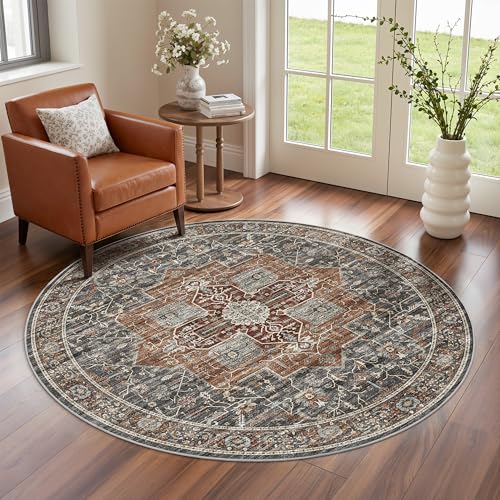 Roxstand 5ft Round Washable Area Rug, Non Slip Rug, Grey/Brown/Tan - color: Grey/Brown/Tan, size: 5' (Round)