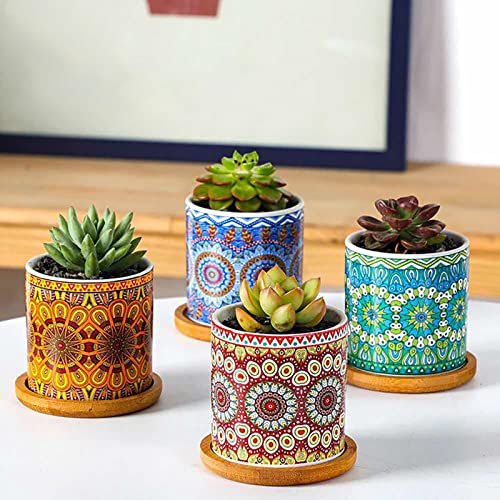 Yesland 4 Pack Succulent Plant Pots with Bamboo Tray, 3 Inch Ceramic Mandalas Pattern Cylinder Planter & Flower Pots with Drainage Hole, for Flowers, Cactus, Home, Garden, Office Decoration