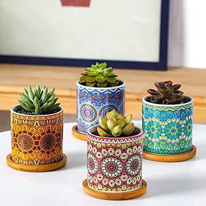 Yesland 4 Pack Succulent Plant Pots with Bamboo Tray, 3 Inch Ceramic Mandalas Pattern Cylinder Planter & Flower Pots with Drainage Hole, for Flowers, Cactus, Home, Garden, Office Decoration