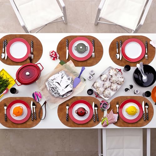 ADRIMER Oval Placemats Set of 6, Wipeable Faux Leather, Turmeric Brown - color: Turmeric Brown