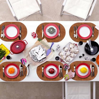 ADRIMER Oval Placemats Set of 6, Wipeable Faux Leather, Turmeric Brown - color: Turmeric Brown