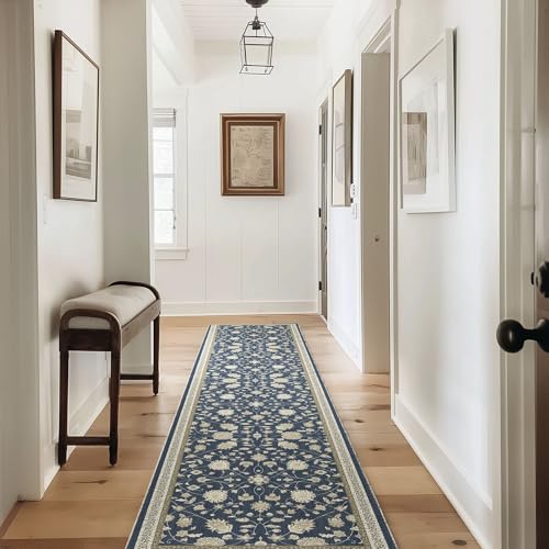 EverGrace Hallyway Area Runner Rugs 2x10, Boho Floral Faux Wool Indoor Outdoor Rugs, Washable Rugs for Bedroom Dining Room Living Room Kitchen, Low Pile Floor Mat Carpet for Home Decor, Navy Blue - color: Navy Blue Multi, size: 2'x10'