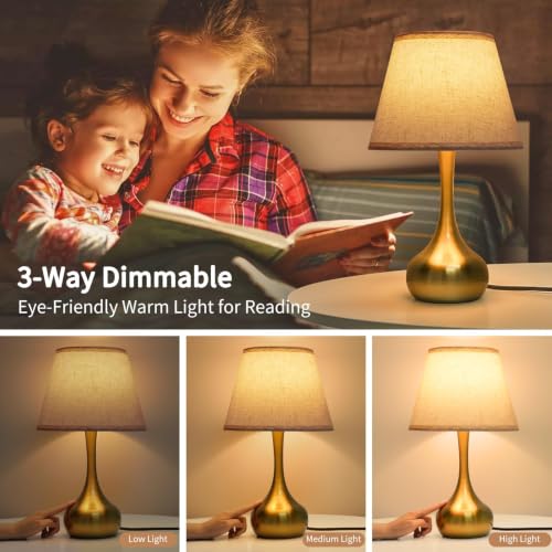 ONEWISH Touch Table Lamp for Bedroom, 3-Way Dimmable Gold Bedside Lamps for Nightstand with Fabric Shade,17.32'' Desk Lamp for Kids Reading, Home Office - color: Beige Linen Mushroom Shade & Gold Base