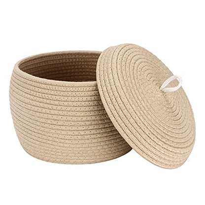 Sea Team Round Woven Cotton Rope Storage Basket with Lid, Khaki - color: Khaki, size: Small