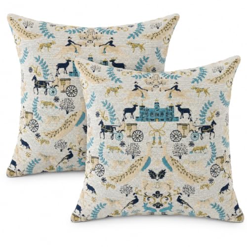 2PC 18x18 inches Decorative Chenille Jacquard Persian Vintage Embroidery Stereo Sofa Pillow Covers for Home Decor, Sofa Living Room, Couch, Bed.18x18 or 20x20 inches. (Ivory Blue Chateau) - color: Ivory Blue Chateau