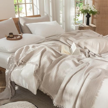 MooMee 100% Cotton Muslin Blanket, Fringed 4-Layer Gauze Bed Couch Throw - color: Cream Grey, size: Throw