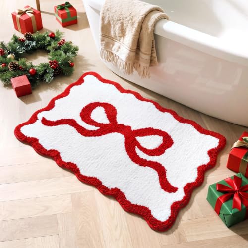 Tinideya Red Bow Bathroom Rug 20" x 32" Scalloped Bow Bath Mat - color: Red, size: 12" x 1'1"