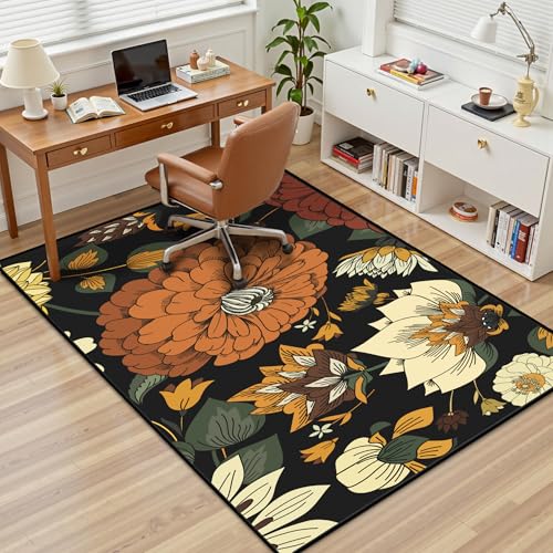 Tyrot Black Boho Floral 3x5 Area Rug, Washable Mid Century Modern Style - color: Warm Ember, size: 3' x 5' (Rectangular)