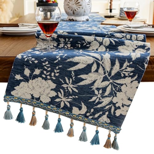 Botanical Jacquard Floral Dining Table Runner Blue 13 x 82 Inch - color: Floral Blue, size: 13" x 82"