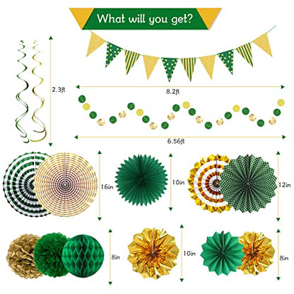 24 Pcs Green Gold Party Decorations, Paper Fans Banner and Swirls - color: Green