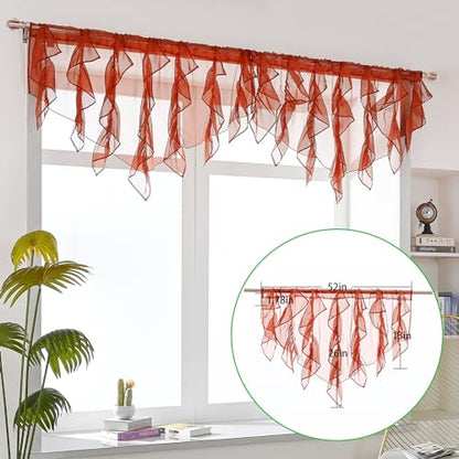 PearAge Ruffled Voile Semi Sheer Curtain Valance, Kitchen Living Room Shabby Chic Ruffle Valance Curtains, Girls Daughters Bedroom Cascade Window Valance 52x26 Inches (Red-Triangle) - color: Red