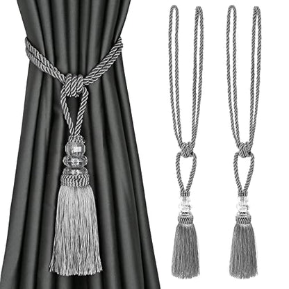 BEL AVENIR 2 Pack Curtain Tiebacks Hand-Woven Holdbacks Tassels Tiebacks - color: Silver, size: 2 Pack