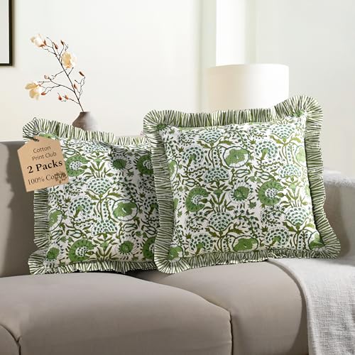CPC Agate Green Block Print Ruffle Pillow Cover 18x18 Inch, Pack of 2 - color: Agate Green, size: 18" x 18" (Pack of 2)