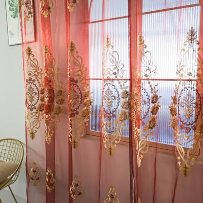Amidoudou Rod Pocket Curtains European Luxury Sheer Embroidered Curtains for Living Room Bedroom (Red,52" W x 96" L (Pack of 2)) - color: Red, size: 52"W x 96"L (Pack of 2)