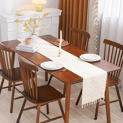 Boho Table Runner 12×120 Long with Tassels Beige Wave Fall Decor - color: Beige Wave