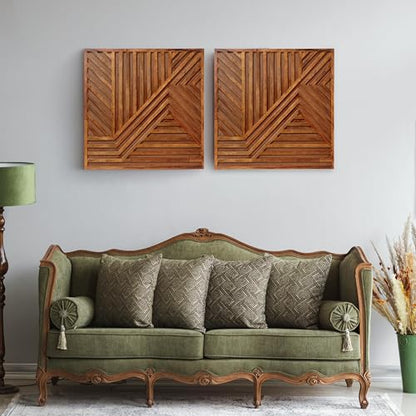 Lightnpro Wooden Wall Art Panel 24x24 Pack of 2- Hand-Carved Brown Decorative Wall Décor for Living Room, Bedroom, Christmas & Holiday Decoration - Rustic Accent for Home Interiors