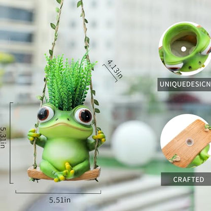 Hanging Swing Frog Planter, Cute Resin Succulent Flower Pot with Drainage Hole, Indoor Outdoor Garden Decor