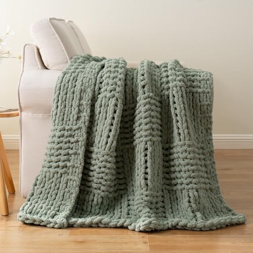 Chunky Knit Throw Blanket for Couch, Sage Green, 50"x60" - color: Sage Green