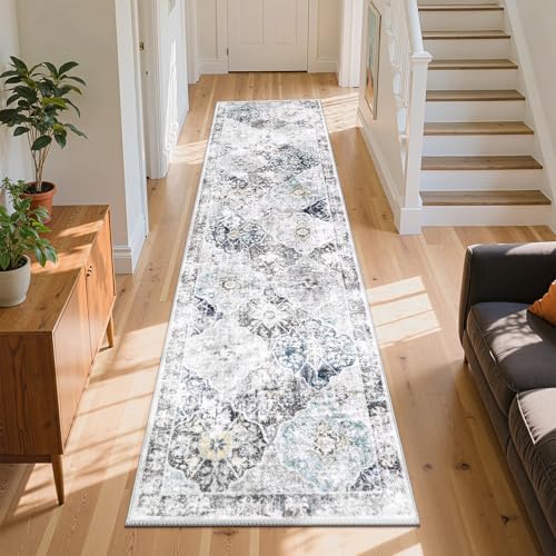 Ileading Washable Hallway Runner Rugs, 2x8 Non Slip Runners Area Rug for Entryway Kitchen Bathroom Bedroom Laundry Living Room, Long Narrow Low-Pile Floor Carpet Boho Vintage Throw Mat for Kids Room - color: Blue&grey, size: 2' x 8' (Rectangular)