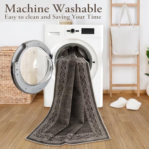 Lahome Modern Bordered Kitchen Runner Rugs Non Skid Washable, 2x6 Rug Runners for Hallways Non Slip Ultra-Thin Carpet for Entryway Laundry Room Bedroom (2x6ft,Brown) - color: Grey/Brown, size: 2' x 6'