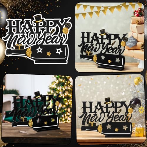Amyhill 2026 Happy New Year Wood Sign Wooden Black Gold Glitter Tabletop Decorations 2026 Table Centerpiece for New Year Eve Party Supplies Home Decorations - style: Happy New Year
