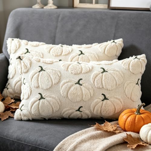 Fall Pillow Covers 12x20 Set of 2 Beige Pumpkin Decorations for Home - color: Beige, size: 20" x 12" (Pack of 2)