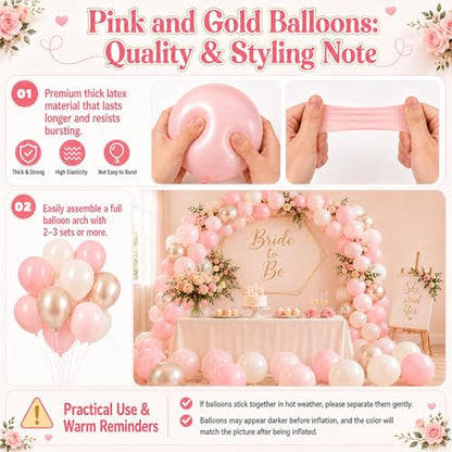 Pink and Gold Balloons, 12 Inch Pastel Light Pink and Pearl Sand White Latex Balloon with Metallic Champagne Gold Beige Balloon for Boho Princess Women Birthday Baby Bridal Shower Wedding Engagement - color: Baby Pink White Gold