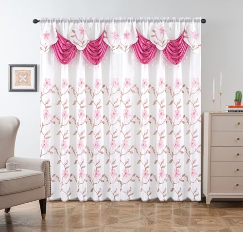 Petrichor Embroidered Sheer Curtain 2 Panels Set - Luxury Window Curtain Attached Valance with Satin Backing and 2 Tie Backs for Living Room,Dining Room, 54x84 inches, Rose - color: Rose, size: 54"W x 84"L (Pack of 1)