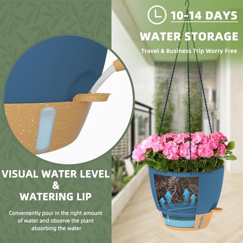 ZMTECH 12 Inch Large Self Watering Hanging Planters for Indoor Outdoor Plants - Water Level Indicator & Removable 60 Oz Reservoir, 1 Pack Plastic Hanging Basket for Window Porch Garden Balcony, Blue - color: Blue, size: 12 Inch