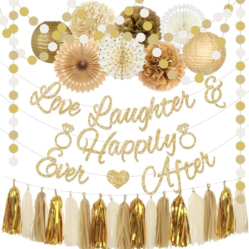 Bridal Shower Decorations,Gold Glitter Bridal Shower Decorations includes Love Laughter Happily Ever After Decorations Paper Flower Ball Wedding Decorations for Home Party Bachelorette Party Supplies - style: Gold