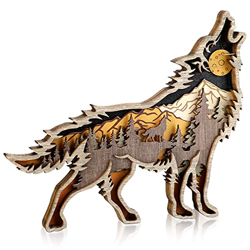 Honoson Wooden Wall Art Rustic Forest Scene Decor, Wolf Style, Brown - color: Brown, size: 4.7"L x 7.9"W