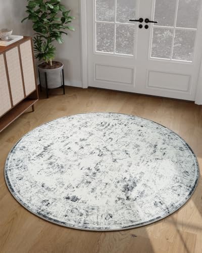 Unirea 4ft Round Grey White Vintage Area Rug, Washable Non Slip Circle Bug Rug for Entryway, Kitchen, Bedroom, Bathroom, Nursery, Living Room, Thin Soft Abstract Rugs Indoor Décor, Low Pile Carpet - color: Light Grey/White, size: 4x4 Feet