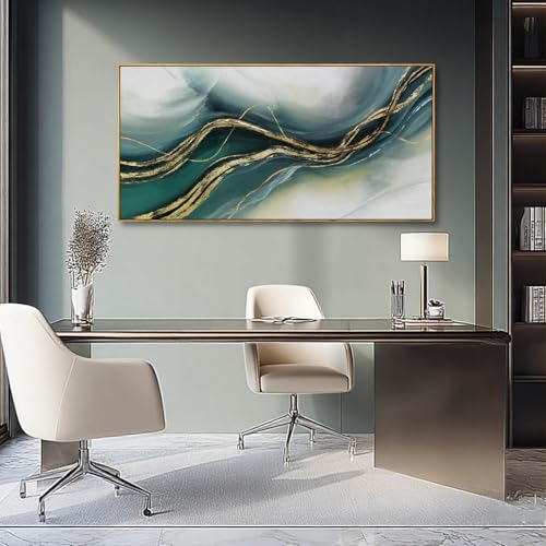 Green and Gold Abstract Wall Painting 29x58 Inch, Large Framed Canvas Artwork with Wooden Frame, Contemporary Home Accents for Bedroom Dining Room or Hallway - color: Teal & Gold, size: 58"L x 29"W