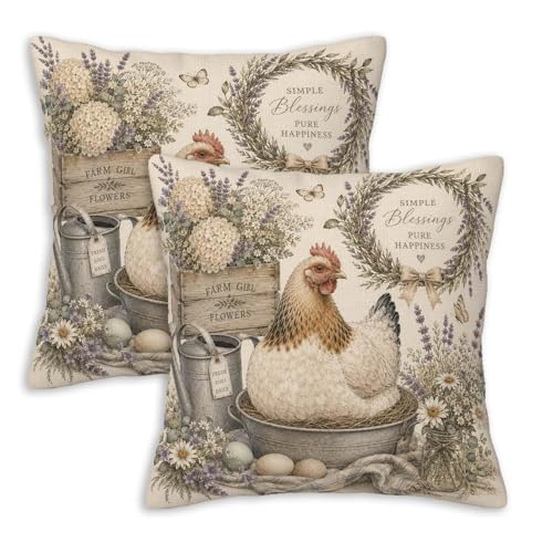 Chicken Throw Pillow Covers 18x18 Set of 2 | Rustic Lavender Floral Hen Cushion Covers | Farmhouse Country Decorative Pillowcases for Couch Sofa Chair | Cottage Home Decor - color: Farmhouse Chicken