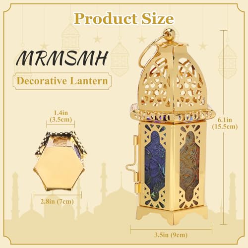 6.7'' Moroccan Lanterns Decorative Indoor & Outdoor Vintage Candle Holder Hanging Tabletop Metal Ramadan Lanterns with Six Color Glasses for Home Patio Porch Decor (Gold) - color: Gold
