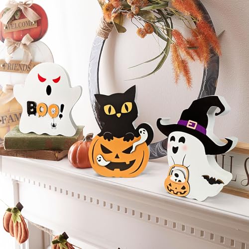 RCHCUDI 3 Piece Style Cute Wooden Ghosts Halloween Decorations indoor Table Decorations Cute Pumpkin Cat Signs Wizard Hat Wooden Blocks Boo Ghost Sign