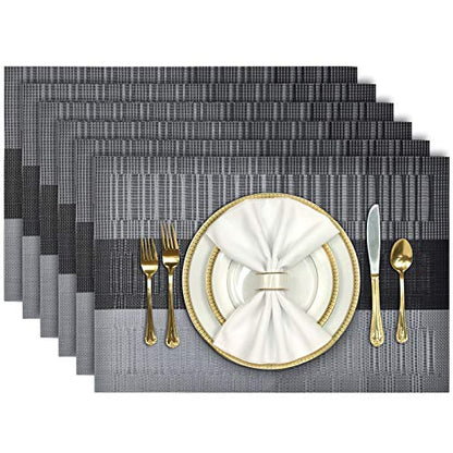 Aofmee Placemats, Placemats Set of 6, Heat Resistant Place Mats, Washable PVC Table Mats, Woven Vinyl Plastic Placemats for Dining Table, Non-Slip Stain Resistant Kitchen Table Placemats Easy to Clean - color: Black, size: Set of 6