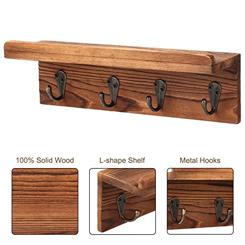 Key Holder Wall Mount, Farmhouse Wall Shelf with 4 Hooks for Entryway - color: Brown - Pine