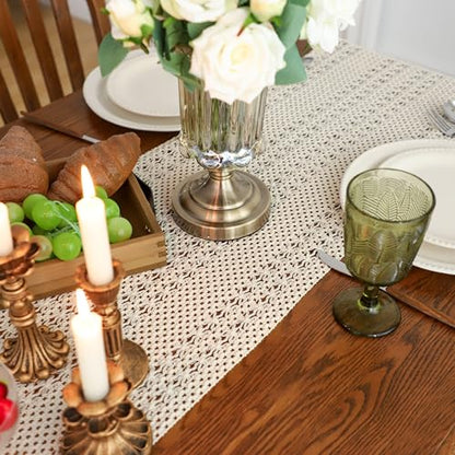 Simple&Opulence Boho Macrame 100% Cotton Table Runner - 12 x 72 Inch, Woven Farmhouse Table Runner with Fringed Edges for Bohemian Rustic Wedding, Bridal Shower, Dinner （Beige） - size: 12"x72", style: Cotton / Beige