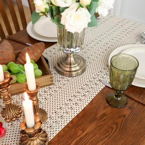 Simple&Opulence Boho Macrame 100% Cotton Table Runner - 12 x 90 Inch, Woven Farmhouse Table Runner with Fringed Edges for Bohemian Rustic Wedding, Bridal Shower, Dinner （Beige） - size: 12"x90", style: Cotton / Beige