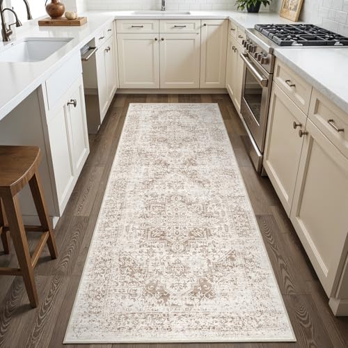2x6 Washable Runner Rug: Vintage Medallion Kitchen Soft Rugs IvoryBeige - color: Ivory/Beige, size: 2' x 6' (Runner)