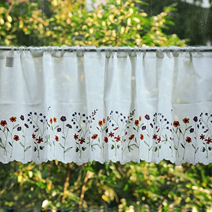 027 Floral Embroidery Pastoral Style Valance, White Sheer Flowers Valances,Window Treatment for Kitchen,W60XL18 inch (Wild Flower) - size: 60"W x 18"L (Pack of 1)