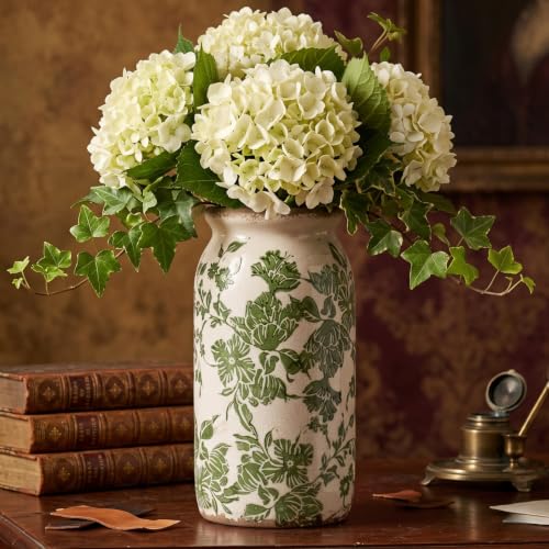 Vintage Chinoiserie Ceramic Vase, Ice Cracked Flower Vases, Hand-Painted Green Botanical Design for Living Room, Bookshelf, Office, Floral Antique Rustic Style Home Decor, 6.2 Inch (Green3-8in) - color: Green3-8in