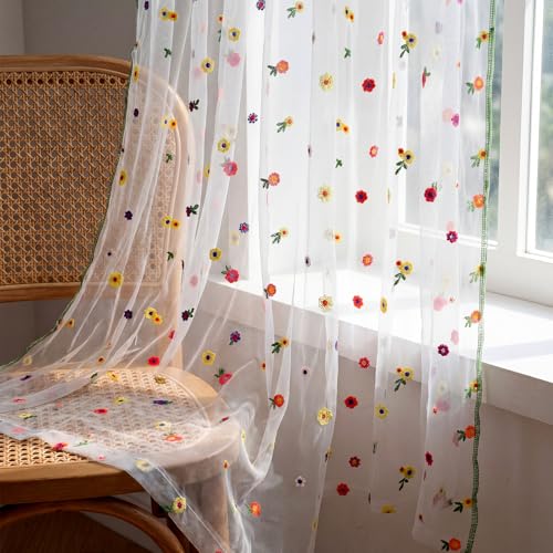 Gilprop White Floral Sheer Curtains for Window Embroidery Daisy Curtain Length 2 Panels Farmhouse Florals Vintage Seasonal Decor for Spring Summer Women Bedroom Living Room, 52 x 63 Inches - color: White, size: 52 x 63 Inches