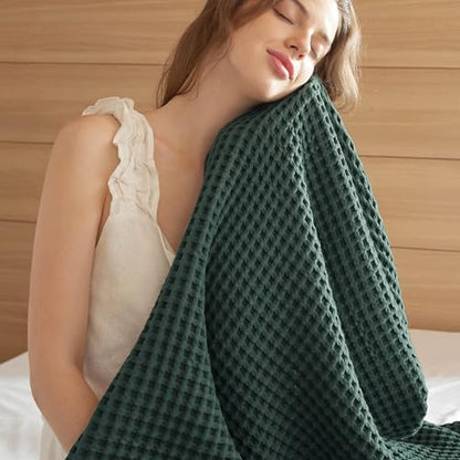 Bedsure Lightweight 100% Cotton Waffle Blanket, Throw XL, Dark Green - color: Dark Green, size: Throw Xl (50" X 70")