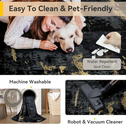 RELEANY Washable Runner 2'x6' Abstract Area Rug for Hallway Black Gold - color: Black/Gold, size: 2' x 6' (Runner)