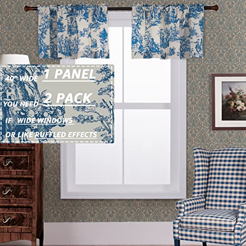 Blue Valance for Living Room Kitchen Window Curtains Over Sink,Floral French Country Vintage Chinoiserie Decor Cream Beige White Toile Rod Pocket Decorative Curtain Topper for Bathroom Bedroom,18 Long - color: Blue