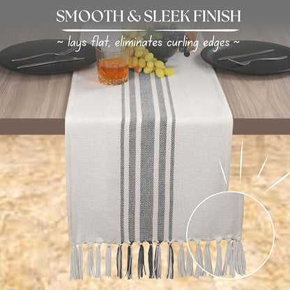 Native Fab Gray Table Runner 90 Inches Long - Boho Striped Table Cover with Fringes - 100% Cotton, Soft, Tight Weave, Non Slip Tablerunner for Dining, Dresser, Wedding - Grey and White (14x90 inches) - color: Gray White, size: 14x90