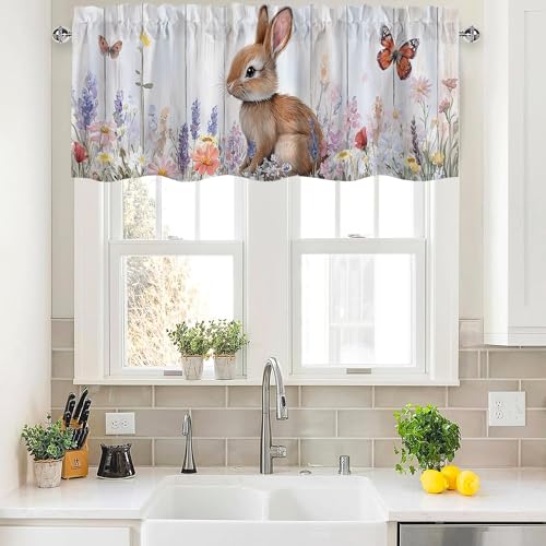 Cute Bunny Valance Curtains,Rod Pocket Valances for Windows,Small Window Treatment Valances for Kitchen,Living Room,Bedroom,Bathroom,Home Decor,18x54 Inch,1 Panel,Rabbit Wood Board - color: Bunny01, size: 54"W x 18"L (Pack of 1)